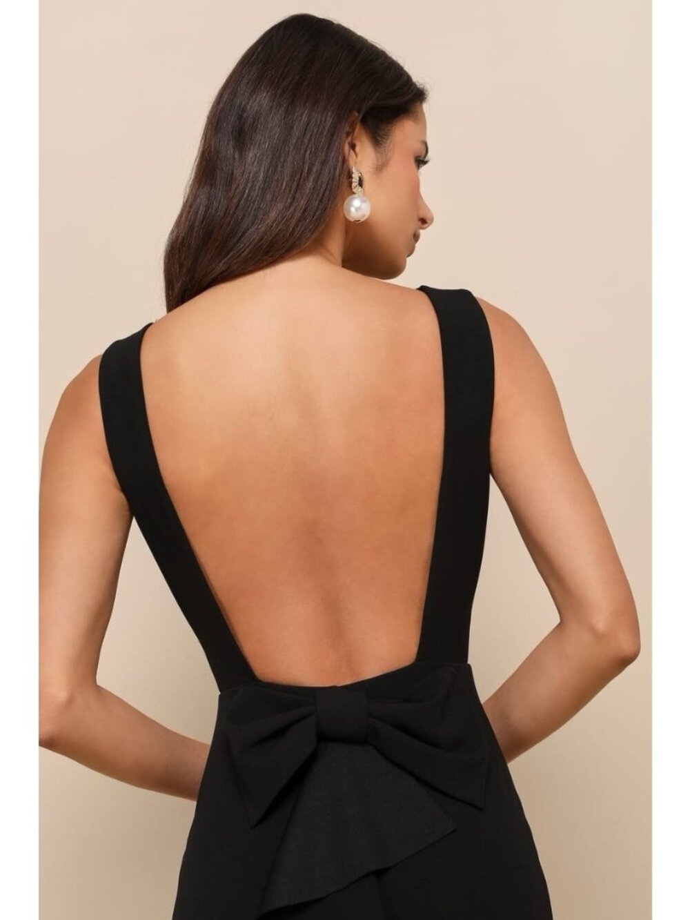 Lulus Exquiste Refinement Maxi Dress Sz Large Black Low Back Bow Mermaid Gown - Picture 7 of 9